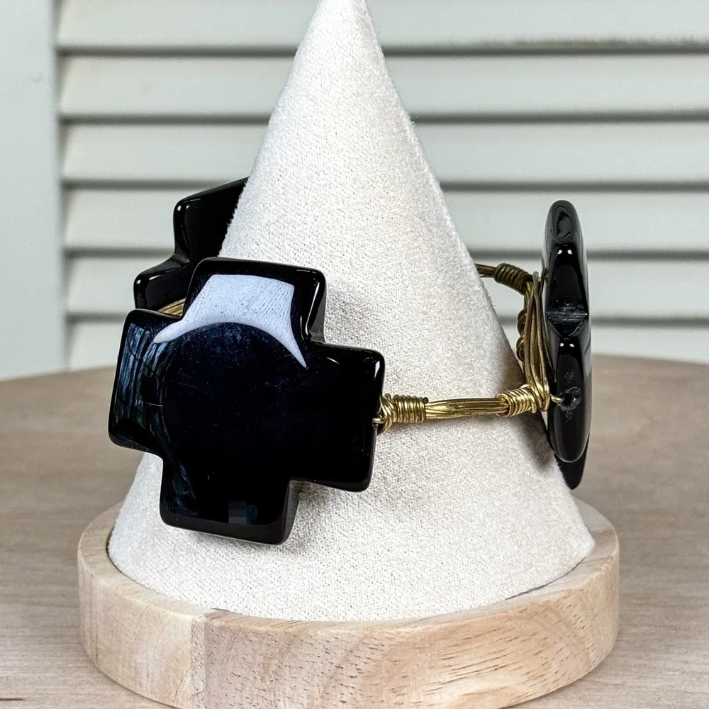 Bourbon and Bowties Modernist Bold Black Onyx Cross Gold Wire Wrapped Bangle